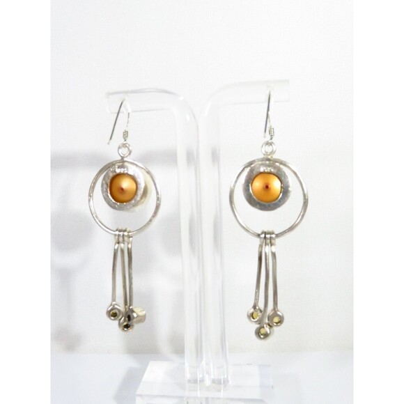 Modernist Pearl Dangling Earring Set Colored Glass Stones Sterling Silver - Picture 6 of 8